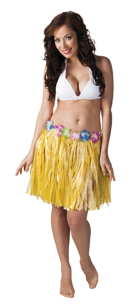 Hawaïrok kort geel - Willaert, verkleedkledij, carnavalkledij, carnavaloutfit, feestkledij, Hawa, Honolulu, Hawakrans, bloemen, strorok, strohoed